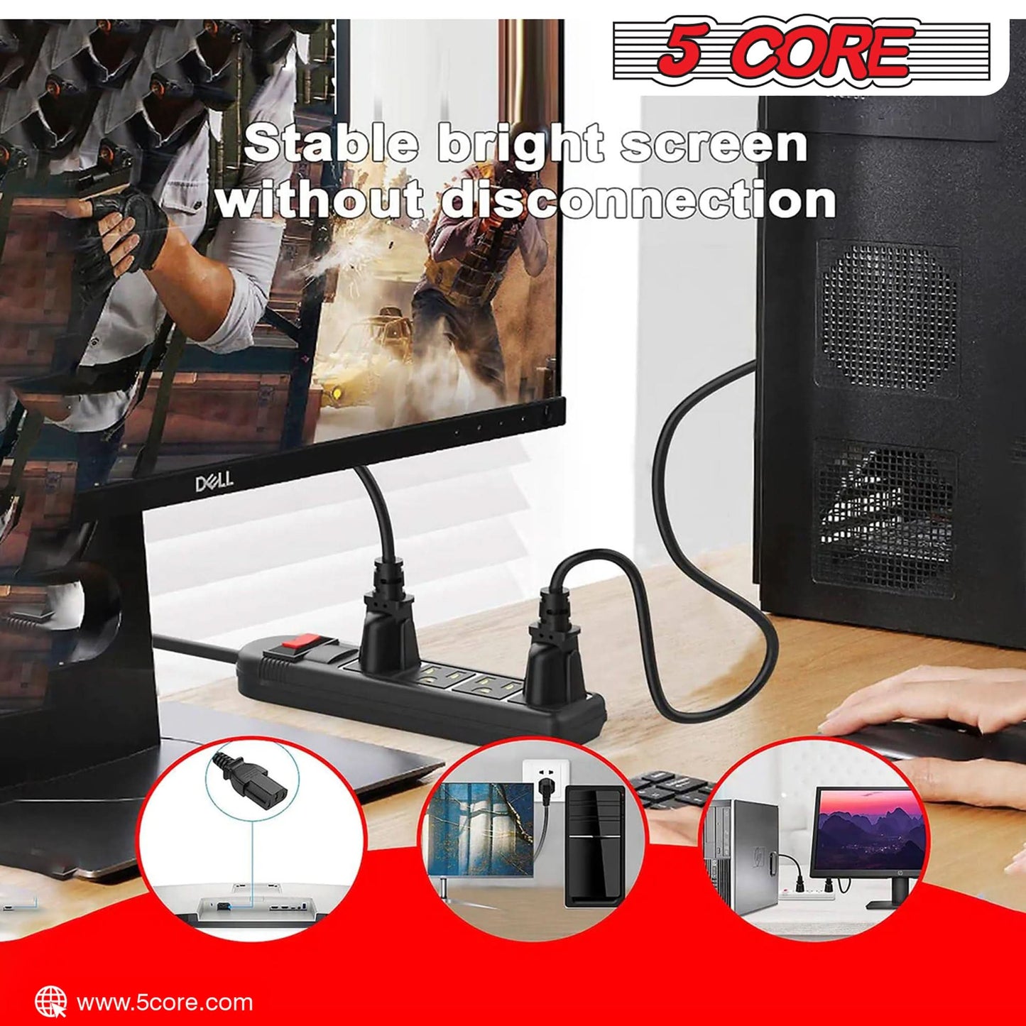 5Core AC Power Cord 10Ft 2 Prong US Male to Female Extension Adapter 16AWG/2C 125V 13A-2