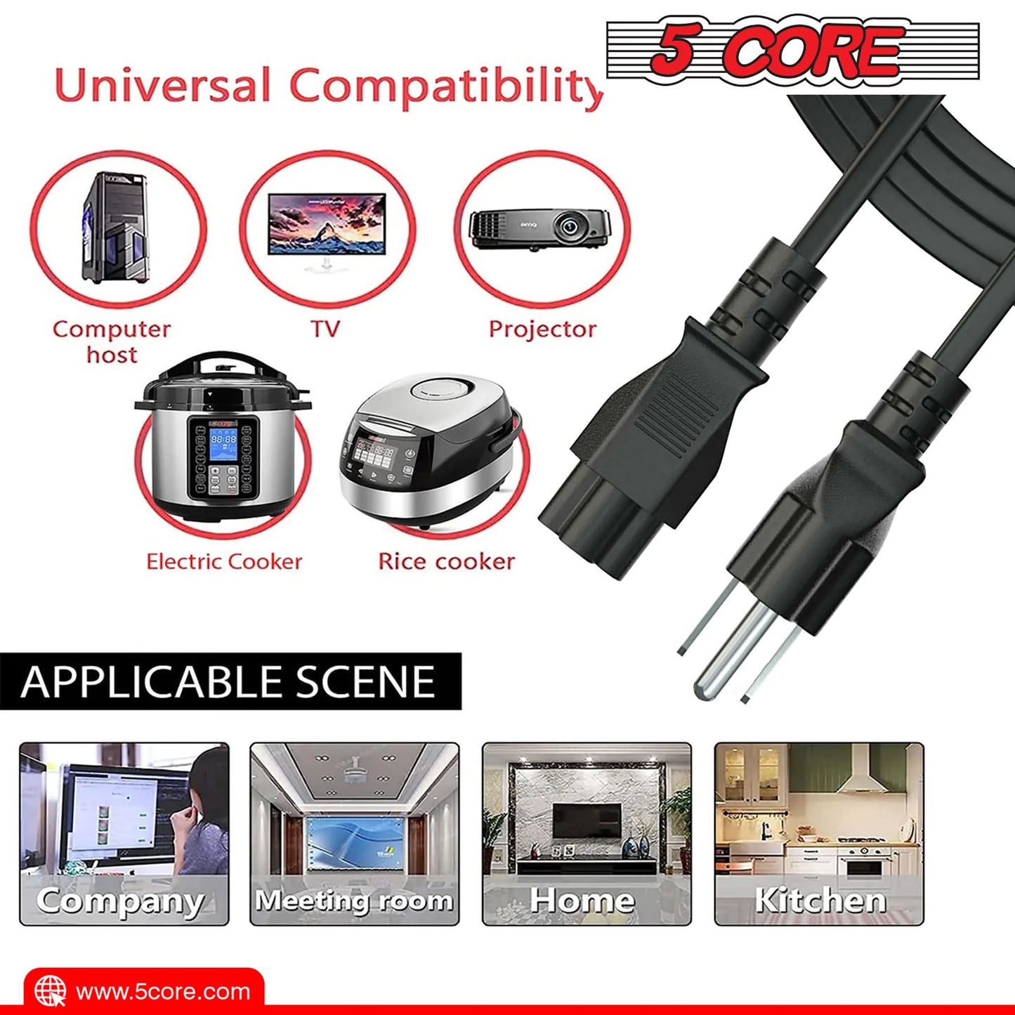 5Core AC Power Cord 10Ft 2 Prong US Male to Female Extension Adapter 16AWG/2C 125V 13A-4