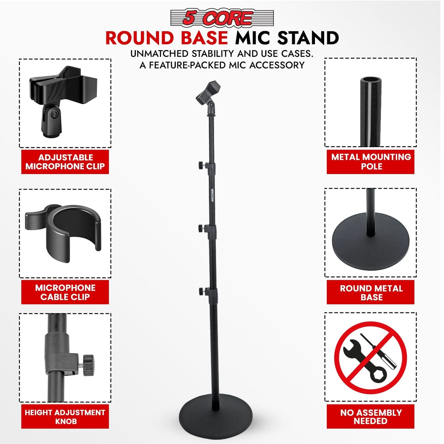 5Core Mic Stand Floor Adjustable Universal Heavy Duty Microphone Stands Round Base Soporte De micrófono-2