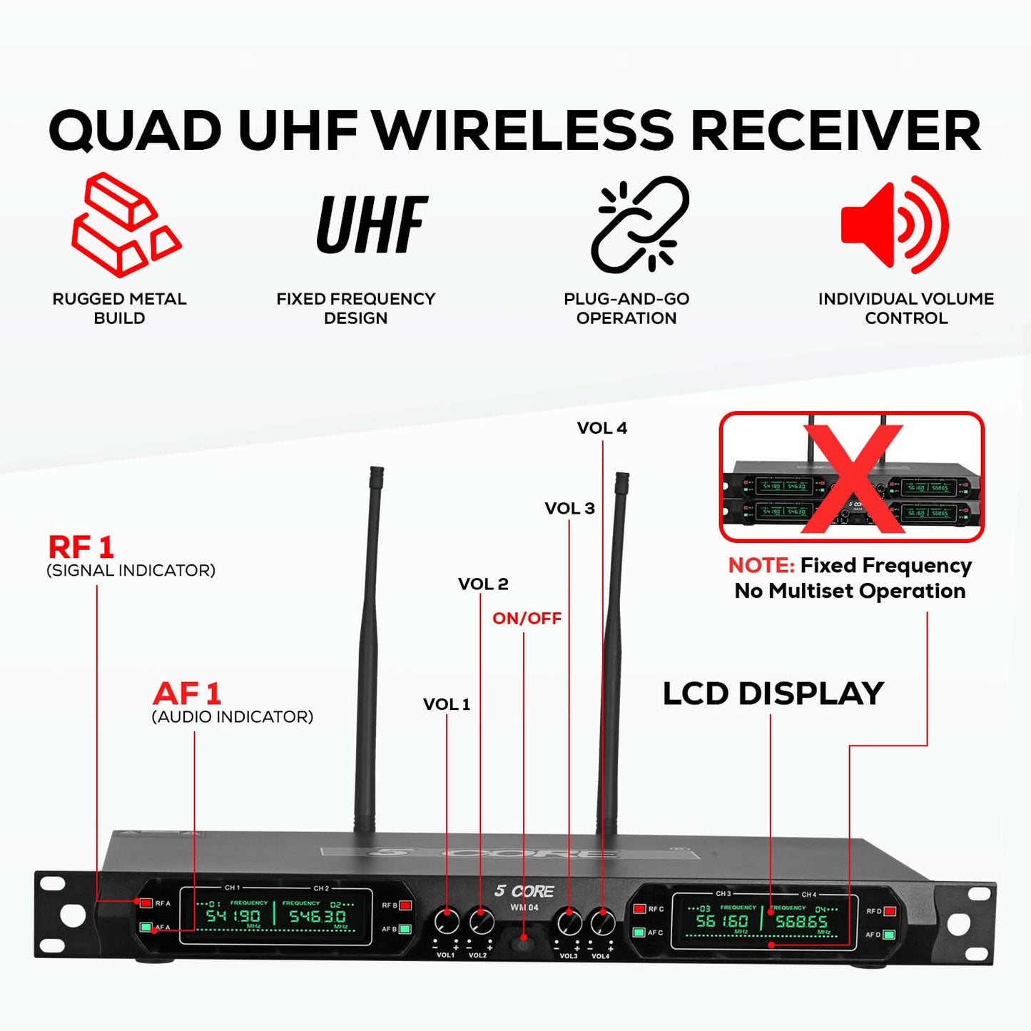 5 Core Wireless Microphone System 4 Channel UHF 492F Range Portable Receiver w Cordless Mic-1
