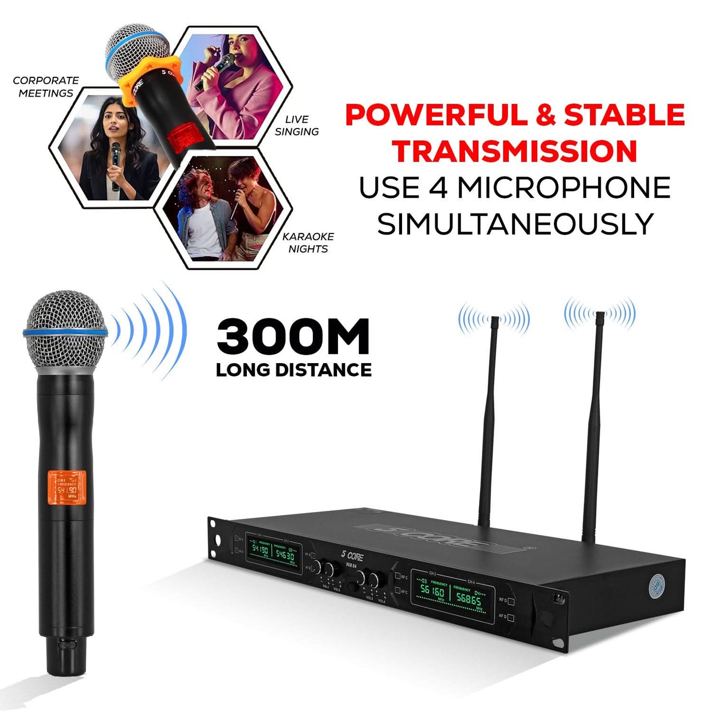 5 Core Wireless Microphone System 4 Channel UHF 492F Range Portable Receiver w Cordless Mic-3