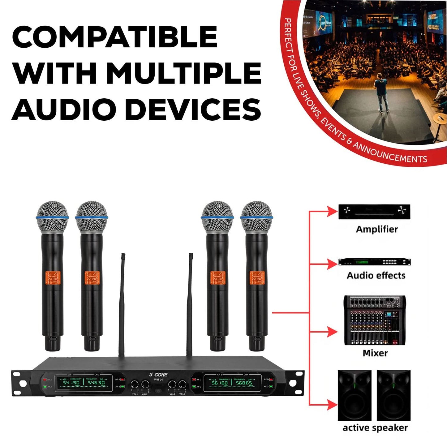 5 Core Wireless Microphone System 4 Channel UHF 492F Range Portable Receiver w Cordless Mic-4