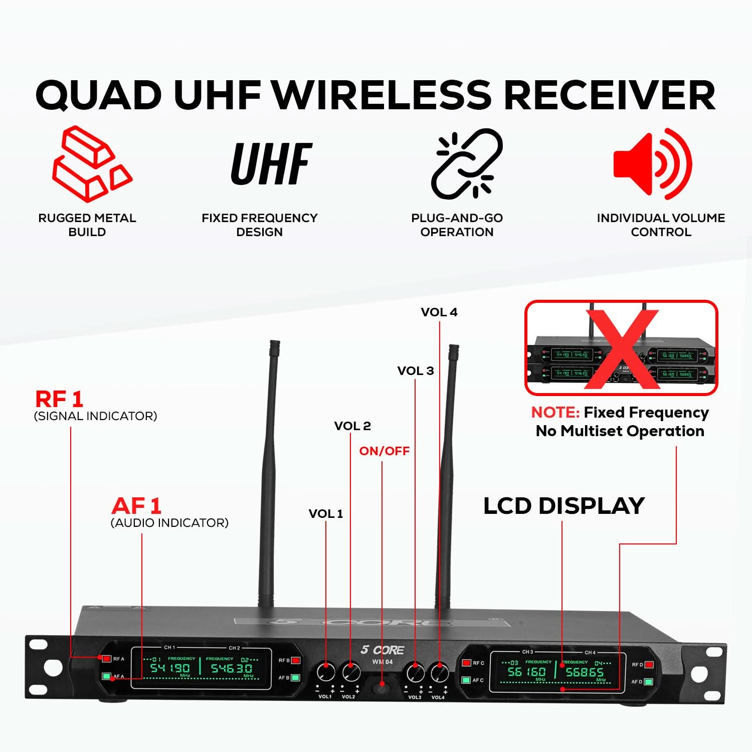5 Core Wireless Microphone System 4 Channel UHF 492F Range Portable Receiver w Cordless Mic-1
