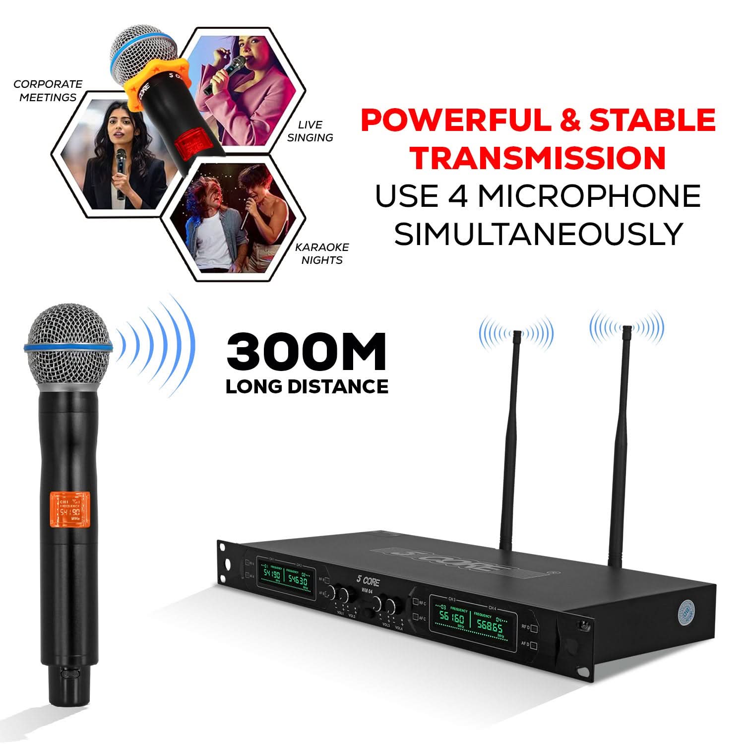5 Core Wireless Microphone System 4 Channel UHF 492F Range Portable Receiver w Cordless Mic-3